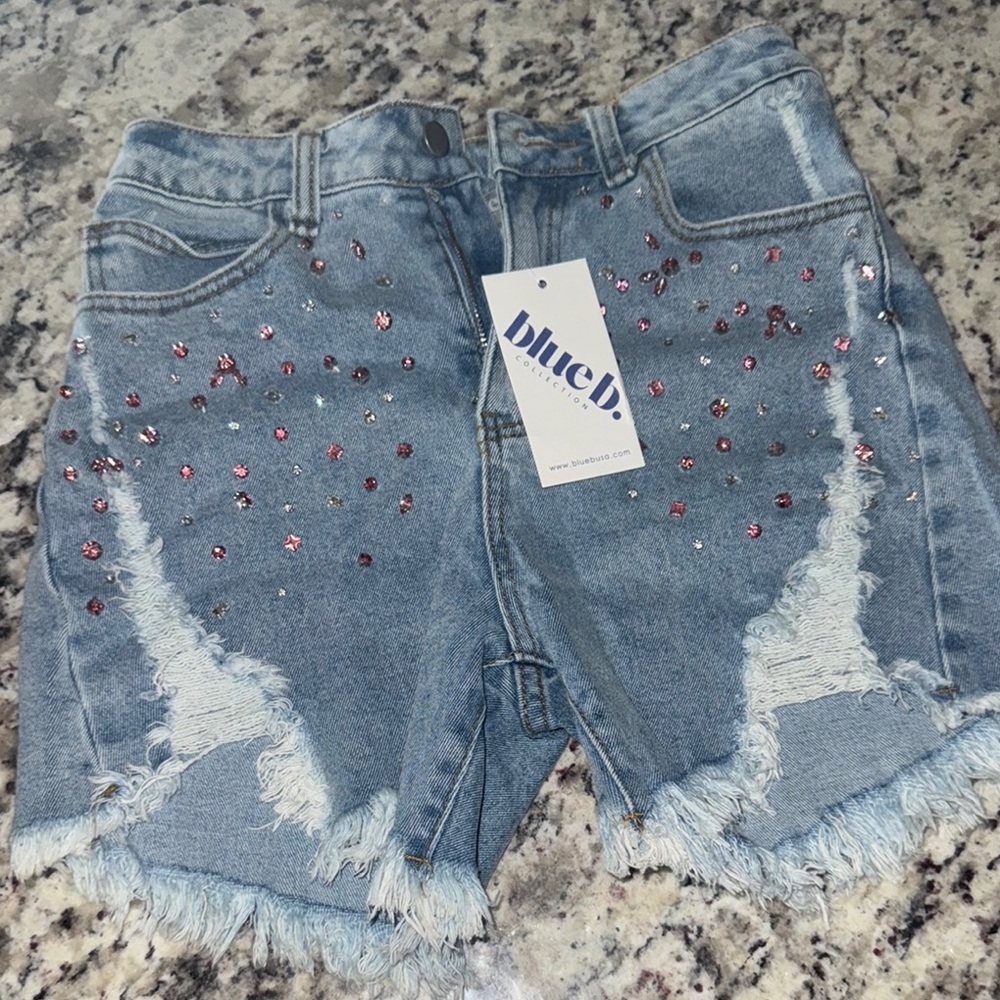Blue B Denim Shorts with Pink and Silver Rhinestones
